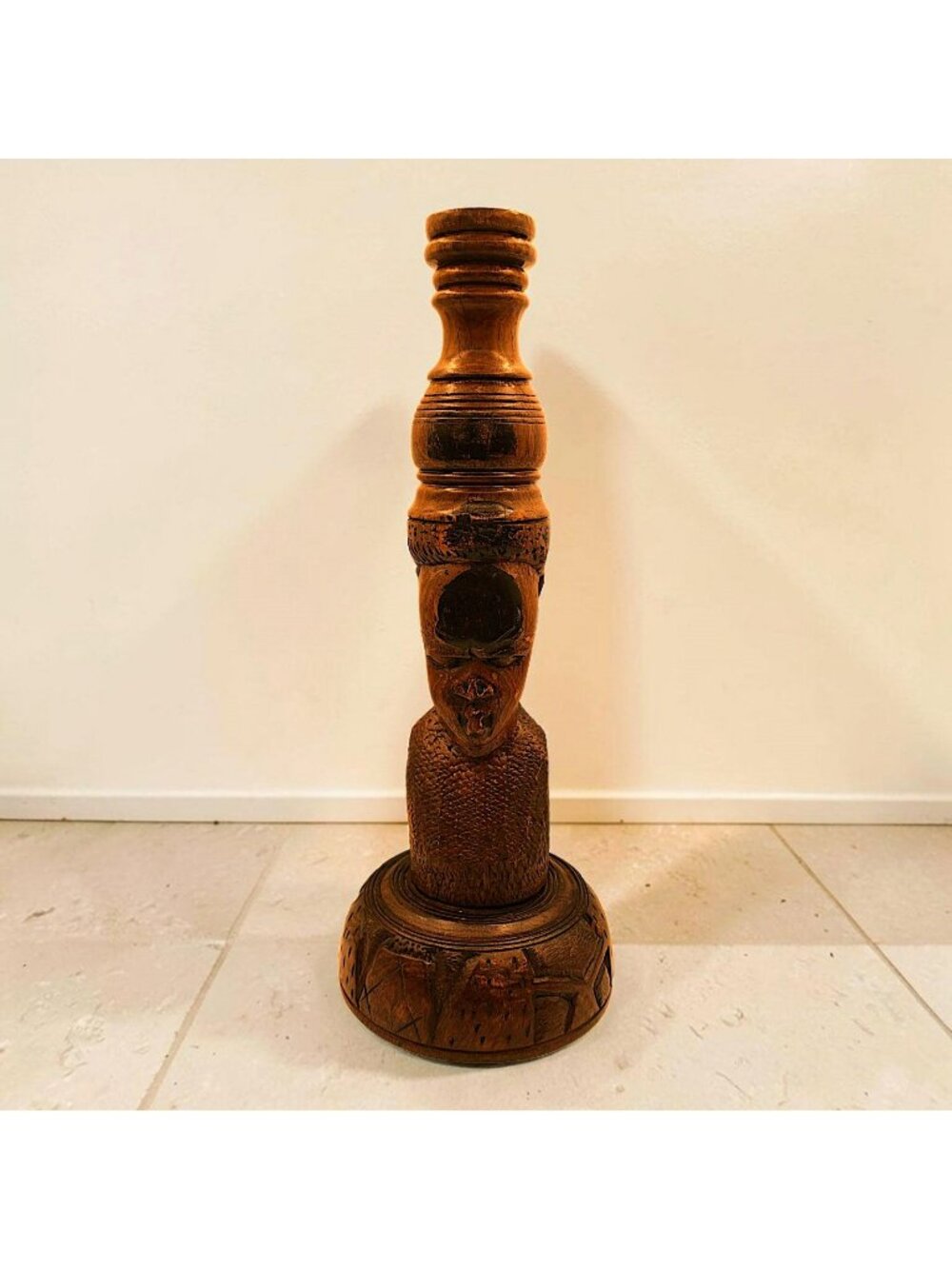 Vintage African Carved Wood Lamp Base Tanzania Makonde Style 16"